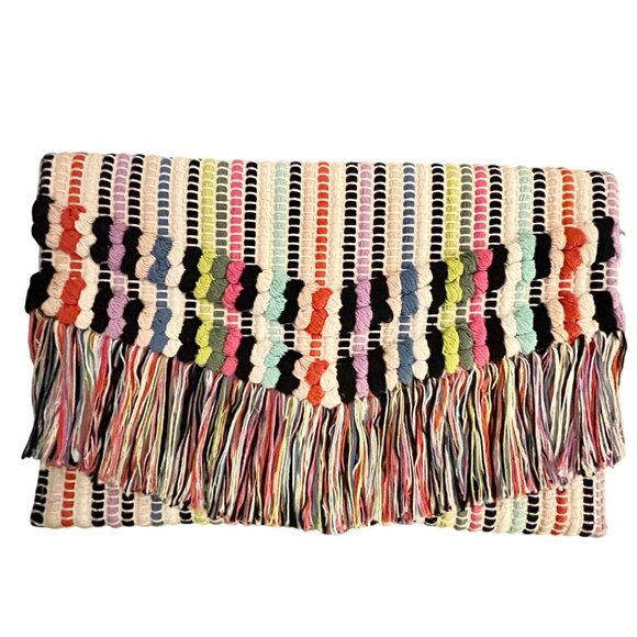 Stella & Dot Taj Boho Clutch Bag Multicolor Woven Fringe Magnetic Closure - Picture 8 of 8
